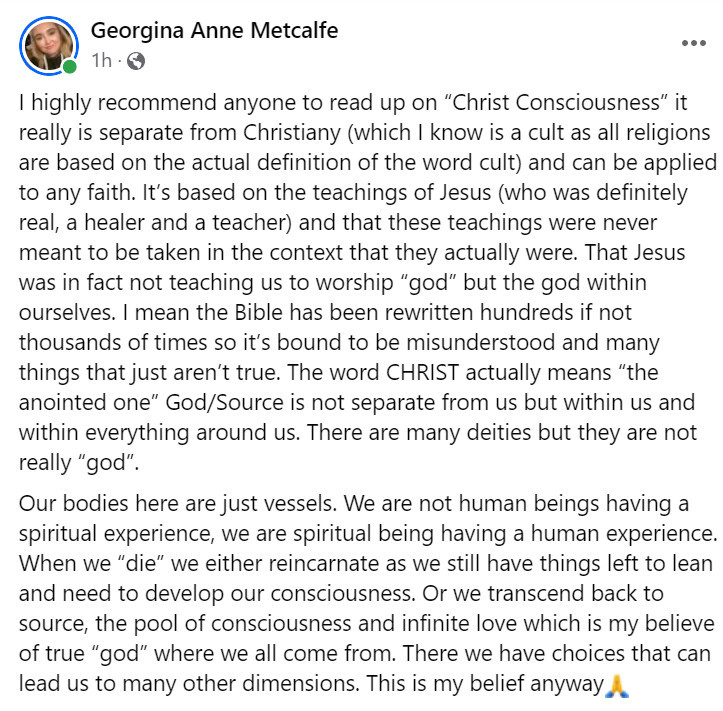 Georgina Facebook post about christ conciousness