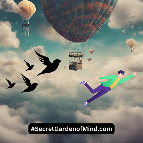 how to fly in a lucid dream.  man flying in a lucid dream with birds and hot air balloons