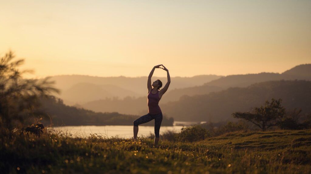 Serene yoga retreat with a person practicing yoga outdoors at sunrise, demonstrating mindfulness in practice