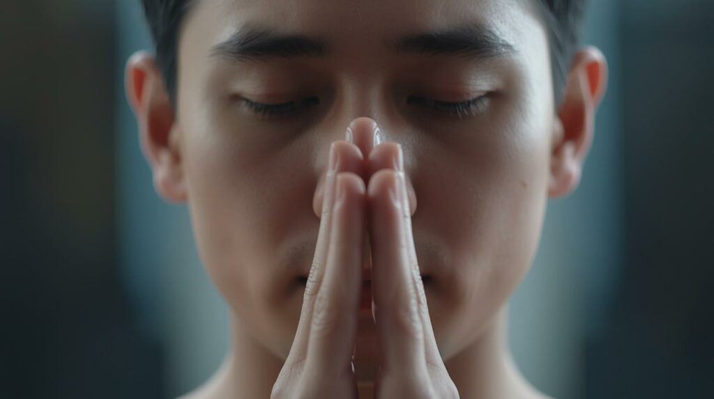 Close-up of person practicing pranayama breathwork, demonstrating mindfulness in yoga
