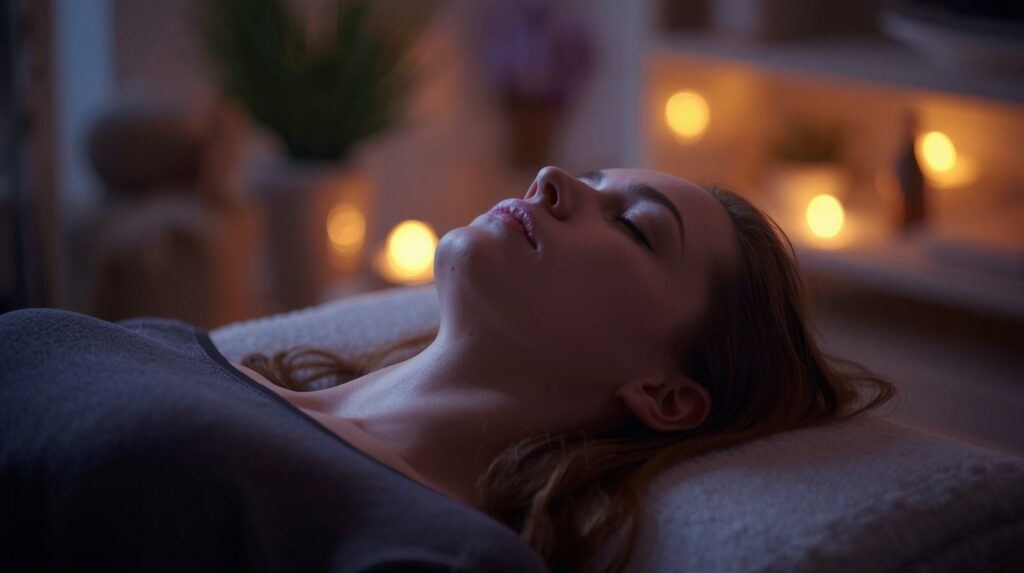 “Woman relaxing during hypnosis session for weight loss”