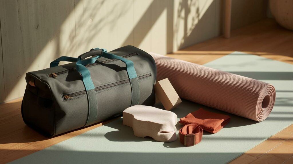 “Yoga retreat essentials laid out, preparing for a mindful yoga practice”