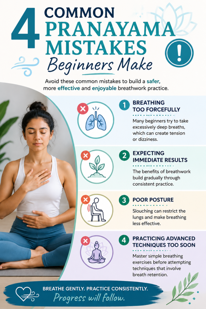 infographic highlighting four common Pranayama mistakes beginners make including breathing too forcefully, expecting immediate results, poor posture, and practicing advanced techniques too soon
